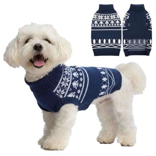 SAWMONG Weihnachtspullover für Hunde, Zopfmuster, Schneeflockenmuster, dick, warm, Winterpullover für kleine, mittelgroße und große Hunde (Blau, L) von SAWMONG