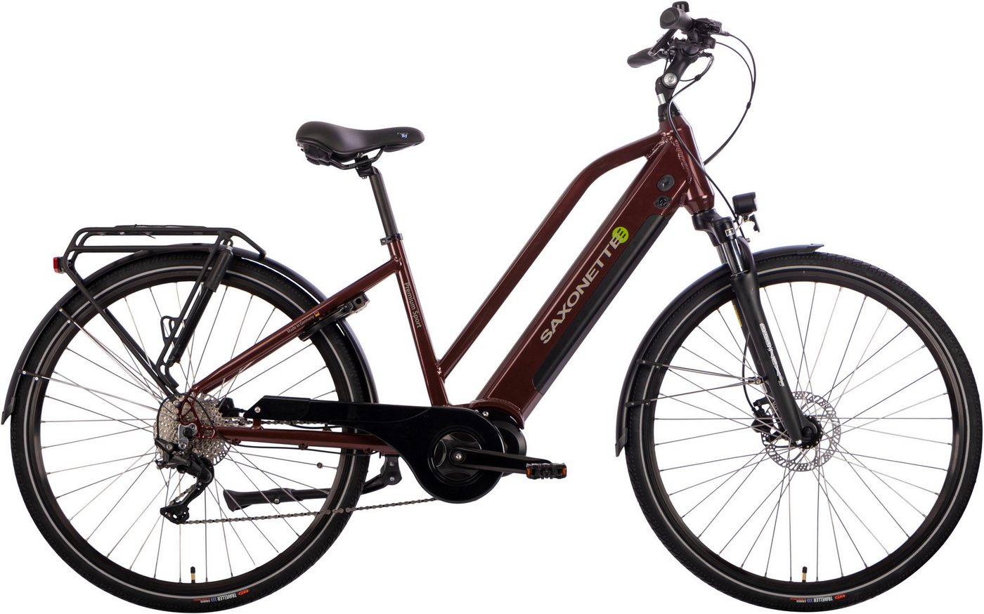 SAXONETTE E-Bike Premium Sport (Trapez), 10 Gang, Kettenschaltung, Mittelmotor, 522 Wh Akku von SAXONETTE