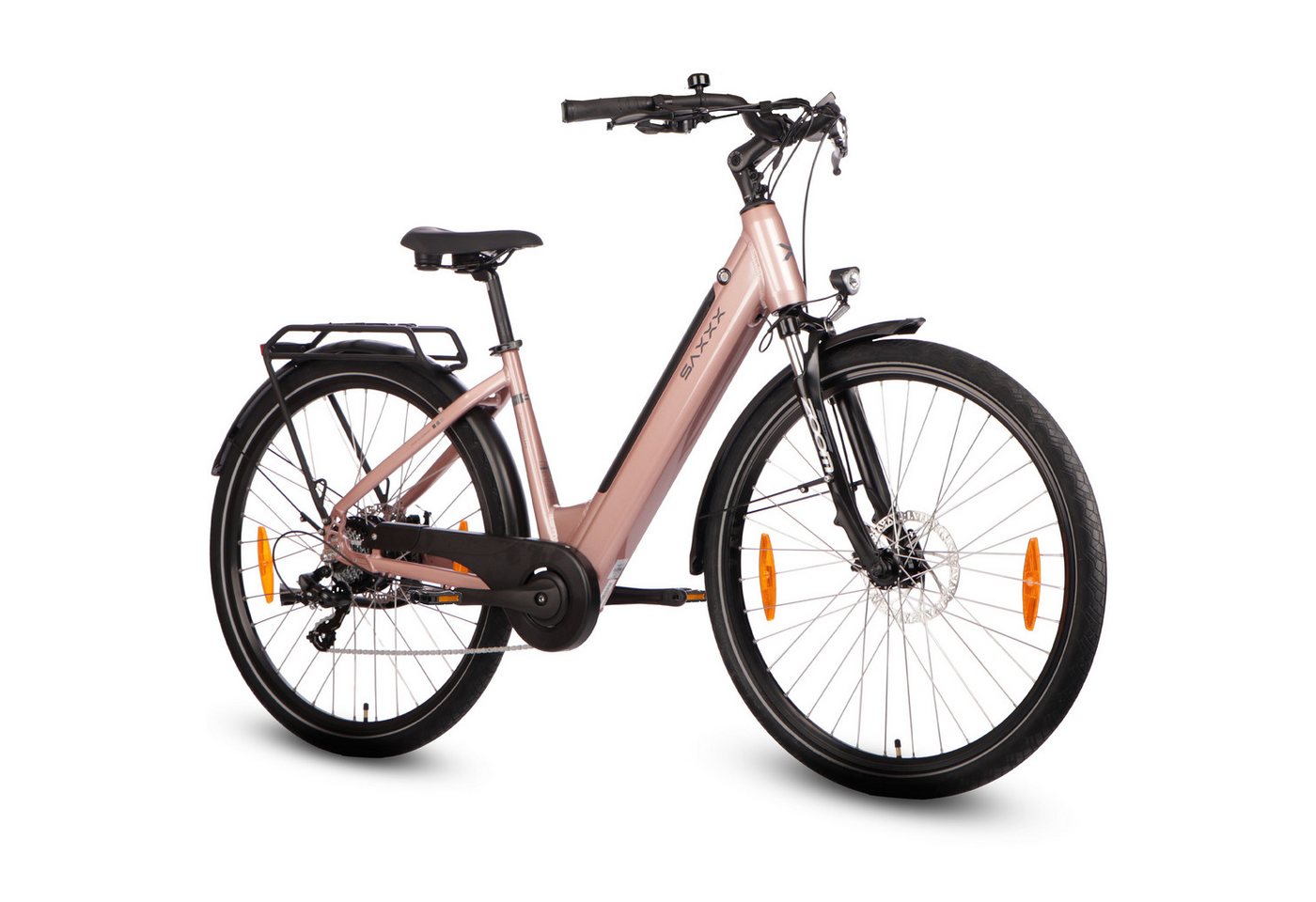 SAXXX E-Bike Cityrad 28 Zoll Damen/Herren, Comfort Sport Easy, 90km, Scheibenbremse, 7 Gang SHIMANO Tourney Schaltwerk, Kettenschaltung, Hinterradmotor, 468 Wh, (Beleuchtungsset, mit Akku-Schlüssel, mit Gepäckträger), abnehmbarer Akku, Elektrofahrrad mit Doppelscheibenbremse, Pedelec von SAXXX