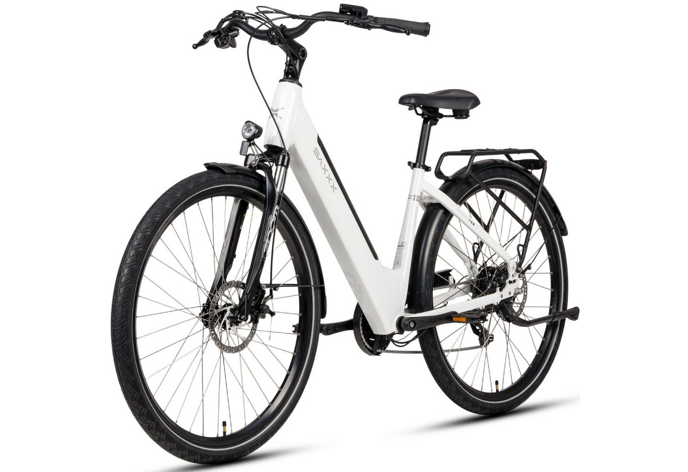 SAXXX E-Bike Cityrad Damen/Herren 28'', SAXXX CSE, Reichweite 90km, 95 % vormontiert, 7 Gang SHIMANO Tourney Schaltwerk, Kettenschaltung, Hinterradmotor, 468 Wh, (mit Akku-Schlüssel, mit Gepäckträger), Elektrofahrrad mit 45cm Rahmenhöhe, Pedelec mit Tiefeinstieg von SAXXX