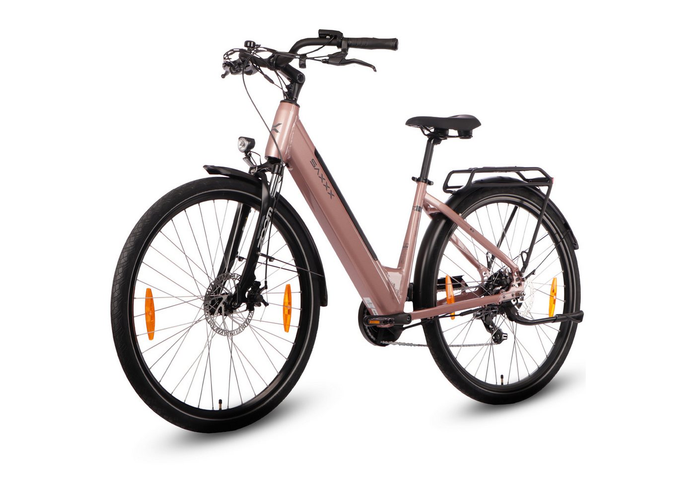 SAXXX E-Bike Cityrad Damen/Herren 28'', SAXXX CSE, Reichweite 90km, 95 % vormontiert, 7 Gang SHIMANO Tourney Schaltwerk, Kettenschaltung, Hinterradmotor, 468 Wh, (mit Akku-Schlüssel, mit Gepäckträger), Elektrofahrrad mit 45cm Rahmenhöhe, Pedelec mit Tiefeinstieg von SAXXX