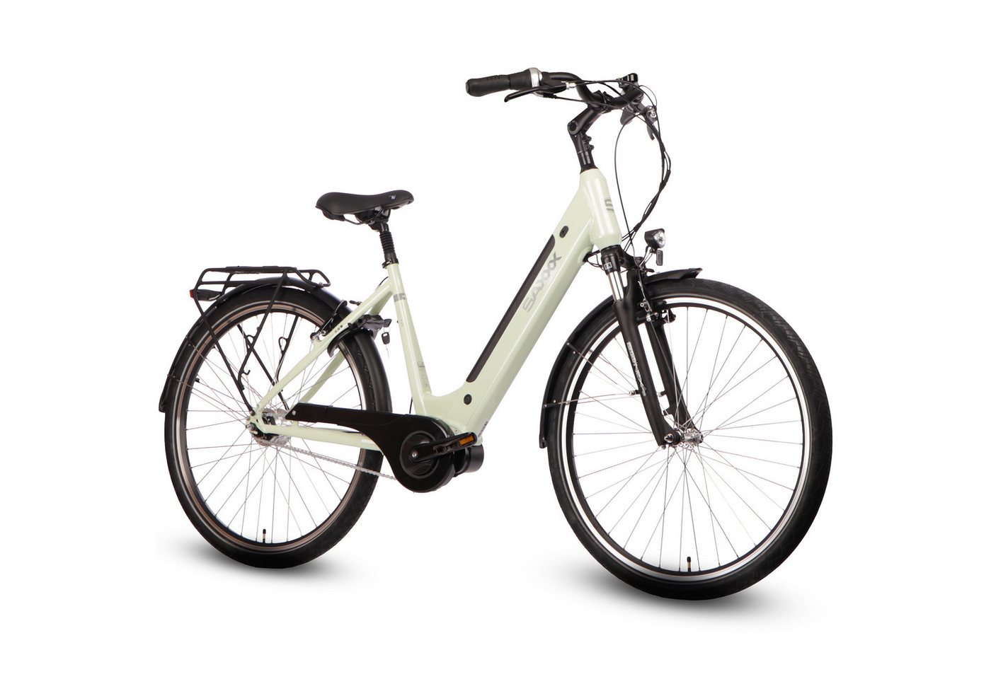 SAXXX E-Bike Cityrad Damen/Herren 28x2'', SAXXX OPW, 418Wh, 60-100 km, 95 % vormontiert, 7 Gang Shimano Nexus Schaltwerk, Nabenschaltung, Mittelmotor, 418 Wh, (mit abnehmbarem Akku, mit Akku-Schlüssel, mit Gepäckträger), 25 km/h, V-Bremse, Pedelec mit Federgabel, Tiefeinsteiger-Rahmen SAXXX E-Bike Cityrad Damen/Herren 28x2'', SAXXX OPW, 418Wh, 60-100 km, 95 % vormontiert, 7 Gang Shimano Nexus Schaltwerk, Nabenschaltung, Mittelmotor, 418 Wh, (mit abnehmbarem Akku, mit Akku-Schlüssel, mit Gepäckträger), 25 km/h, V-Bremse, Pedelec mit Federgabel, Tiefeinsteiger-Rahmen von SAXXX