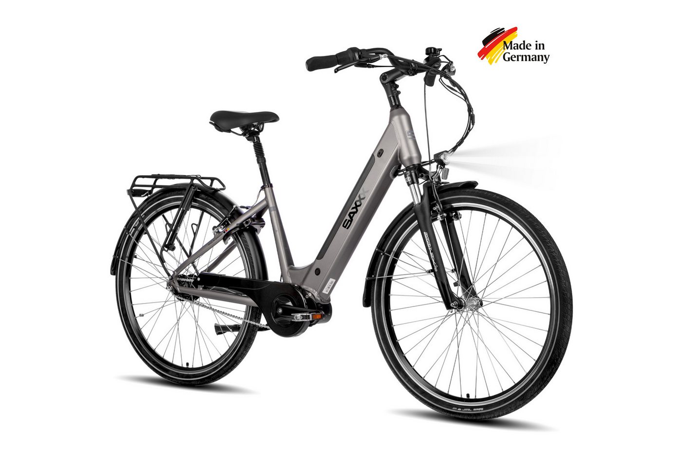 SAXXX E-Bike Cityrad Damen und Herren 28x2 Zoll, 36V 418Wh, 80-100km, V-Bremse, 7 Gang Shimano Nexus Schaltwerk, Nabenschaltung, Mittelmotor, 418 Wh, (mit Akku-Schlüssel, mit Rahmenschloss), abnehmbarer Akuu, Federgabel, Pedelec E-Citybike mit Gepäckträger von SAXXX