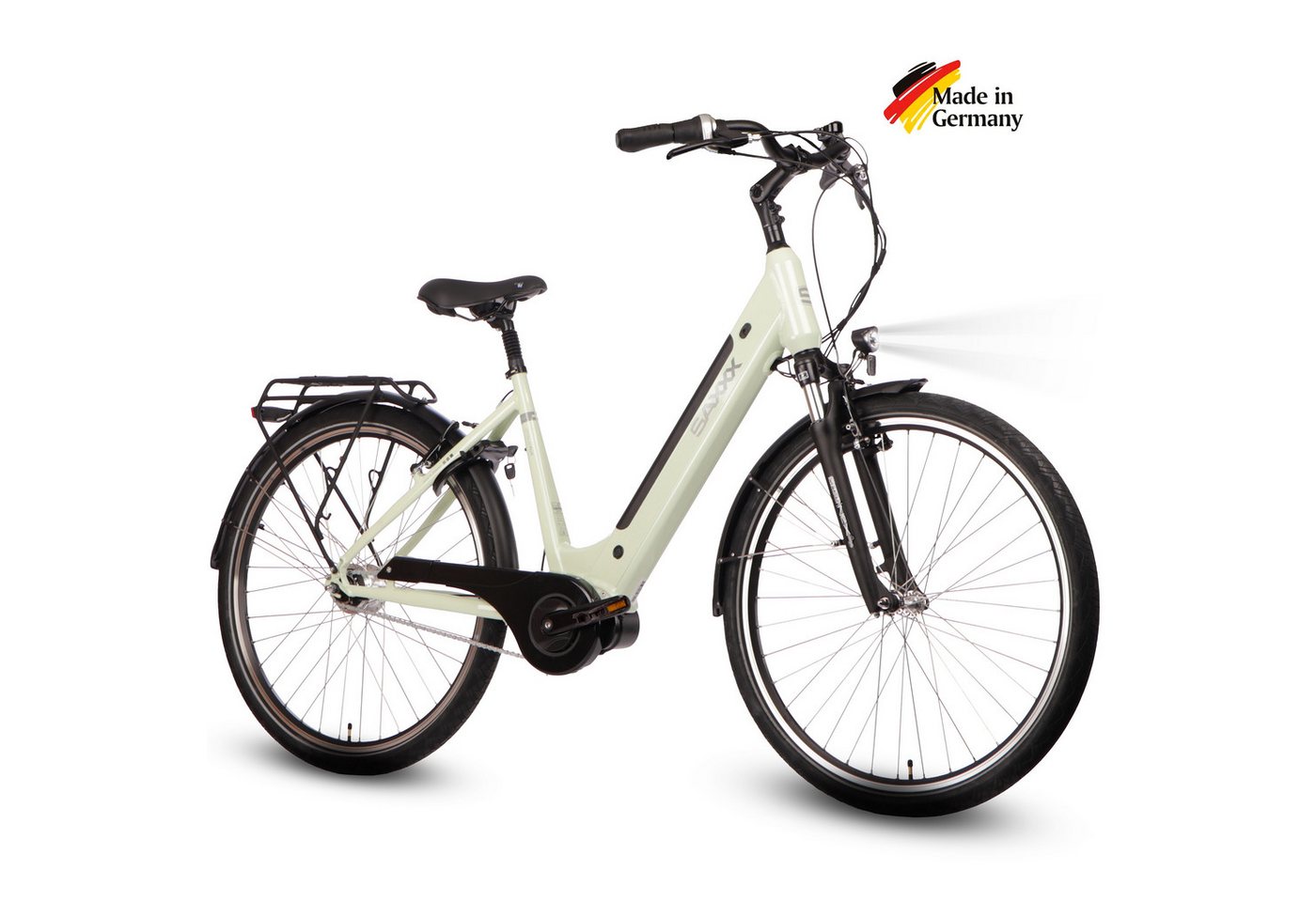 SAXXX E-Bike Cityrad Damen und Herren 28x2 Zoll, 36V 418Wh, 80-100km, V-Bremse, 7 Gang Shimano Nexus Schaltwerk, Nabenschaltung, Mittelmotor, 418 Wh, (mit Akku-Schlüssel, mit Rahmenschloss), abnehmbarer Akuu, Federgabel, Pedelec E-Citybike mit Gepäckträger von SAXXX