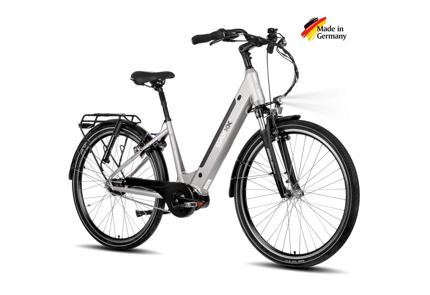 SAXXX E-Bike Cityrad Damen und Herren 28x2 Zoll, 36V 418Wh, 80-100km, V-Bremse, 7 Gang Shimano Nexus Schaltwerk, Nabenschaltung, Mittelmotor, 418 Wh, (mit Akku-Schlüssel, mit Rahmenschloss), abnehmbarer Akuu, Federgabel, Pedelec E-Citybike mit Gepäckträger von SAXXX