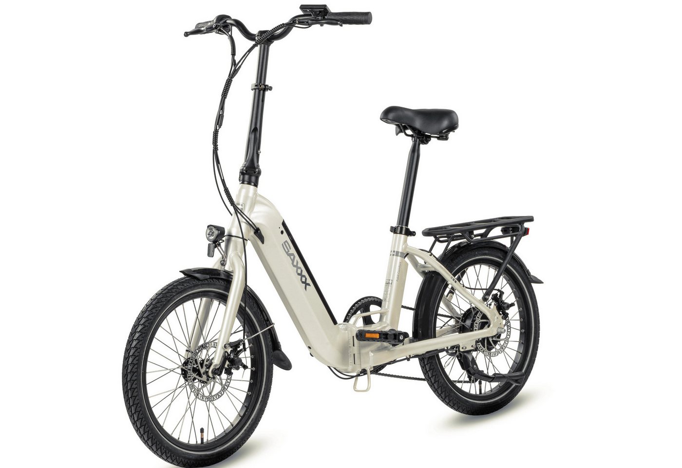 SAXXX E-Bike Klapprad 28 Zoll SAXXX FC, 375Wh, 50-80km, nur 24kg, für Damen und Herren, 7 Gang Shimano Nexus Schaltwerk, Kettenschaltung, Heckmotor, 375 Wh, (mit entnehmbarem Akku, mit Akku-Schlüssel, mit Gepäckträger), RH: 33cm, E-Faltrad bis zu 130kg, Pedelec E-Citybike mit Tiefeinstieg SAXXX E-Bike Klapprad 28 Zoll SAXXX FC, 375Wh, 50-80km, nur 24kg, für Damen und Herren, 7 Gang Shimano Nexus Schaltwerk, Kettenschaltung, Heckmotor, 375 Wh, (mit entnehmbarem Akku, mit Akku-Schlüssel, mit Gepäckträger), RH: 33cm, E-Faltrad bis zu 130kg, Pedelec E-Citybike mit Tiefeinstieg von SAXXX