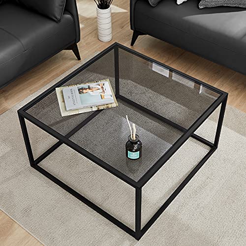 SAYGOER Couchtisch aus Glas, klein, modern, quadratisch, einfache Mitteltische für Wohnzimmer, 67 x 67 x 39 cm, Grau / Schwarz von SAYGOER
