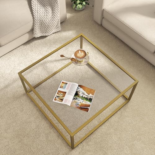 SAYGOER Goldfarbener Couchtisch aus Glas, moderner Couchtisch für kleinen Raum, einfacher quadratischer Mitteltisch für Wohnzimmer, Heimbüro, 26,7 x 26,7 x 15,7 cm, einfache Montage von SAYGOER