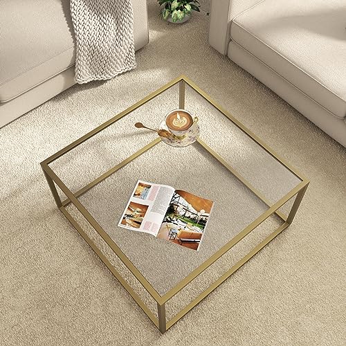 SAYGOER Goldfarbener Couchtisch aus Glas, moderner Couchtisch für kleinen Raum, einfacher quadratischer Mitteltisch für Wohnzimmer, Heimbüro, 26,7 x 26,7 x 15,7 cm, einfache Montage von SAYGOER