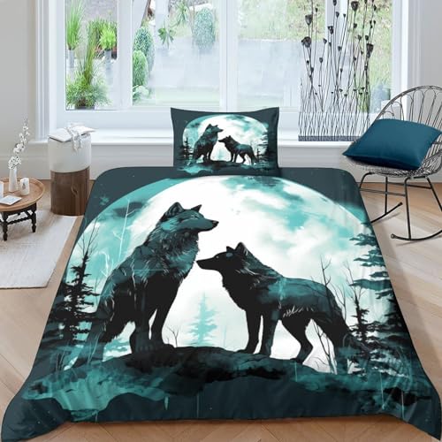 SAYOBO Wölfe 3D Gedruckter Mond Bettbezug Set Bettwäschegarnitur Mädchen Junge Kinder Bettwäsche Und Kissenbezüge Reissverschluss Weich Microfaser 2 Teilig Single（135x200cm） von SAYOBO