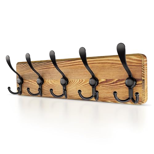 Sayoneyes Holz Garderobenleiste Wandhalterung mit 5 Tri Metall Garderobenhaken zum Aufhängen 17 Zoll Heavy Duty Premium Massiv Kiefernholz Wandhaken Rack für Badezimmer Schlafzimmer Eingangsbereich von SAYONEYES