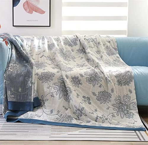 100% Baumwolle Decke Boho Tagesdecke 200x230cm Doppelseitig Kuscheldecke Bettüberwurf Beige Blau Blumen, Sofa Bed Chair Blanket,Wohnzimmerdecke Couchdecke Sesseldecke Wendedecke Bettüberwurf von SAYT RLAE