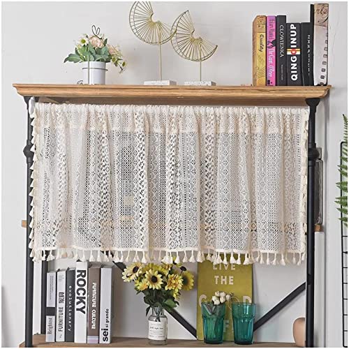 SAYT RLAE Bistrogardine Boho Vorhang Beige Kurz Scheibengardine Handgefertigte Häkeln Vorhänge mit Ausschnitten Kurzstore Gardinen mit Quasten für Küche Cafe Zimmer Fensterdeko,1 Stück, B150×H60cm von SAYT RLAE