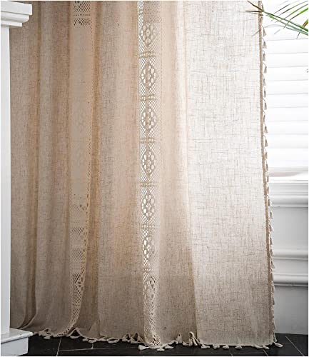 SAYT RLAE Makramee Vorhang Beige Vintage Lanhaus Boho Style Vorhänge Leinen mit Quasten und Häkeln Stricken Vertikale Streifen für Wohnzimmer Kinderzimmer Schlafzimmer, 1 Stück, B150xH220cm von SAYT RLAE