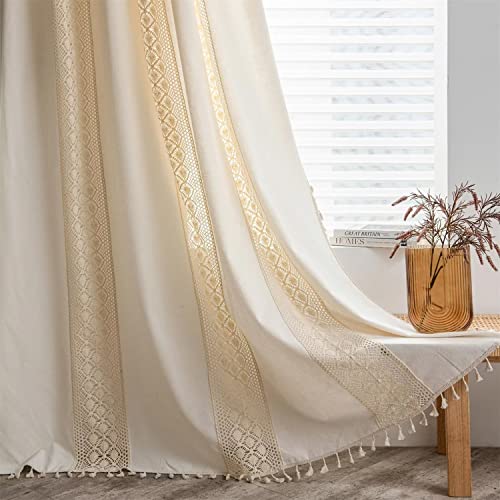 SAYT RLAE Vorhang Boho Blickdicht Vorhänge Beige Baumwolle Leinen Gardinen mit Quasten und Häkeln Stricken Vertikale Streifen Makramee für Wohnzimmer Landhaus Vintage Style, 1 Stück, B150xH240cm von SAYT RLAE