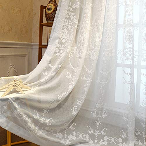 SAZDFY Europa Luxus Bestickt Vorhang,Baumwoll-leinen Voile Fenster Tüll Vorhänge Für Wohnzimmer Modernes Fenster Behandlungsplatten,Haken Oben-Weiß 150x270cm(59x106inch) von SAZDFY