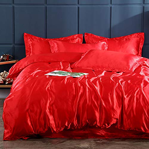 SAZDFY Seide Bettbezug,Luxus Einfarbiges Tröster-Abdeckung,Super Soft Reversible Satin Bettbezüge Mit Reißverschluss Gewaschen Faltenfrei Die Ganze Saison-Rot King 220x240cm(87x94inch) von SAZDFY