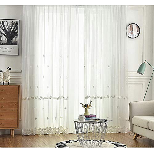 SAZDFY Voile Bestickt Vorhang Mit Perlen,Luxus Blume Fenster Tüll Vorhänge Für Wohnzimmer Küche,Haken Oben-Weiß 300x270cm(118x106inch) von SAZDFY