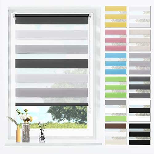 SBARTAR Doppelrollo Klemmfix Duo Rollos für Fenster ohne Bohren & zum Bohren, Weiß-grau-anthrazit B65 x H120 cm (Stoffbreite 61 cm), Lichtdurchlässig, Klemmrollo, Fensterrollo, Zebrarollo von SBARTAR