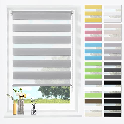 SBARTAR Doppelrollo Klemmfix Duo Rollos für Fenster ohne Bohren & zum Bohren, Grau B55 x H130 cm (Stoffbreite 51 cm), Lichtdurchlässig, Klemmrollo, Fensterrollo, Zebrarollo von SBARTAR