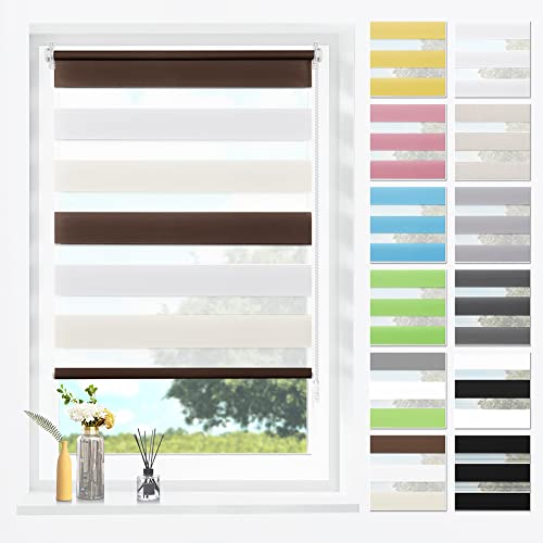 SBARTAR Doppelrollo Klemmfix Duo Rollos für Fenster ohne Bohren & zum Bohren, Weiß-beige-braun B50 x H150 cm (Stoffbreite 46 cm), Lichtdurchlässig, Klemmrollo, Fensterrollo, Zebrarollo von SBARTAR