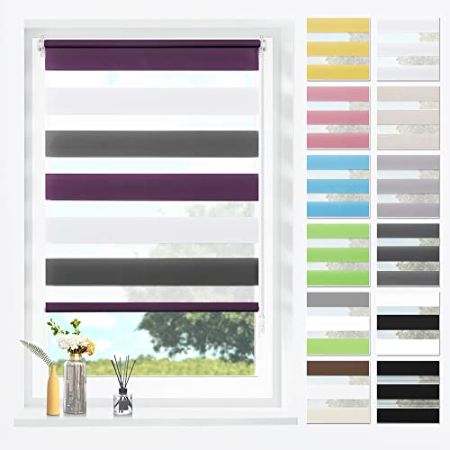 SBARTAR Doppelrollo Klemmfix Duo Rollos für Fenster ohne Bohren & zum Bohren, Weiß-anthrazit-aubergine B90 x H130 cm (Stoffbreite 86 cm), Lichtdurchlässig, Klemmrollo, Fensterrollo, Zebrarollo von SBARTAR