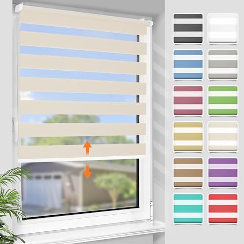 SBARTAR Doppelrollo schnurlos Klemmfix Rollos für Fenster ohne Bohren & zum Bohren, 110x120cm (B×H) Natur Drücken Und Ziehen Springrollos, Lichtdurchlässig Aber Blickdicht Mittelzugrollo von SBARTAR