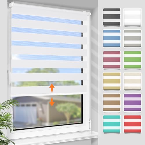 SBARTAR Doppelrollo schnurlos Klemmfix Rollos für Fenster ohne Bohren & zum Bohren, 50x120cm (B×H) Weiß Drücken Und Ziehen Springrollos, Lichtdurchlässig Aber Blickdicht Mittelzugrollo von SBARTAR