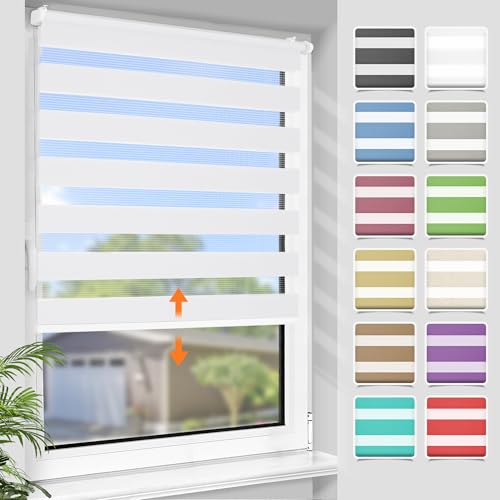 SBARTAR Doppelrollo schnurlos Klemmfix Rollos für Fenster ohne Bohren & zum Bohren, 80x120cm (B×H) Reinweiß Drücken Und Ziehen Springrollos, Lichtdurchlässig Aber Blickdicht Mittelzugrollo von SBARTAR