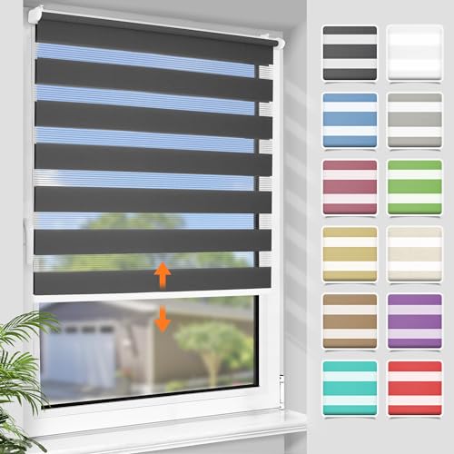 SBARTAR Doppelrollo schnurlos Klemmfix Rollos für Fenster ohne Bohren & zum Bohren, Anthrazit B80 x H140 cm, Drücken Und Ziehen Springrollos, Lichtdurchlässig Aber Blickdicht Mittelzugrollo von SBARTAR