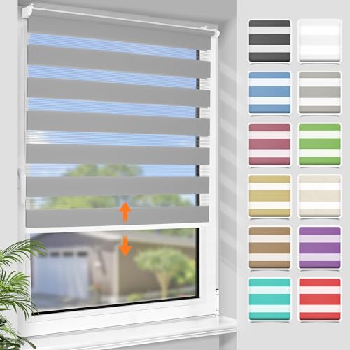 SBARTAR Doppelrollo schnurlos Klemmfix Rollos für Fenster ohne Bohren & zum Bohren, Hellgrau 110x120cm (B×H) Drücken Und Ziehen Springrollos, Lichtdurchlässig Aber Blickdicht Mittelzugrollo von SBARTAR