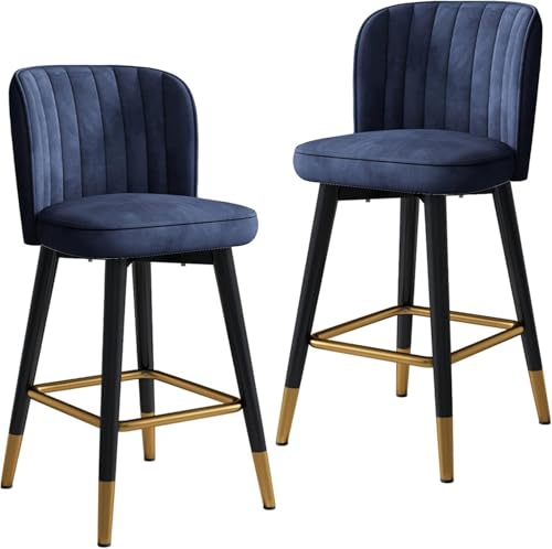 Drehbarer Hochstuhl-Barhocker mit Samt-Rückenlehne, 2er-Set, mit schwarzen Beinen und goldfarbener Chrom-Fußstütze für Zuhause, Küche, Theke (Blau, 75 cm) von SBCGFY