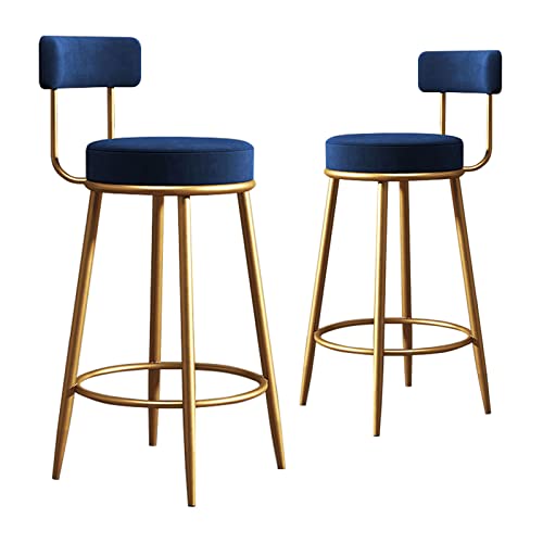 SBCGFY 2er-Set, gepolsterter Sitz mit Fußstütze und Rückenlehne, goldfarbene Metallbeine, Küchen-Frühstücks-Barhocker, Thekenstuhl (Blau, 75 cm) von SBCGFY