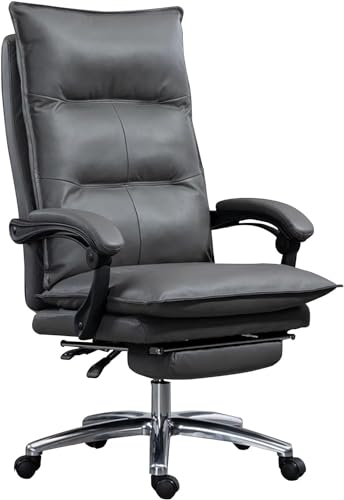 SBCGFY Chefsessel, ergonomischer Computerstuhl für das Home Office, Drehstuhl aus echtem Leder mit einziehbarer Fußstütze(Grau1) von SBCGFY