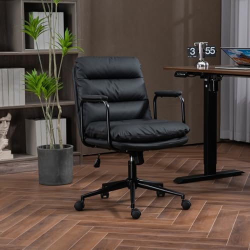 SBCGFY Ergonomischer Schreibtischstuhl für das Homeoffice mit mittlerer Rückenlehne, Rädern und Armlehnen – Computer-Drehstuhl aus PU-Leder mit gepolsterter Armlehne von SBCGFY