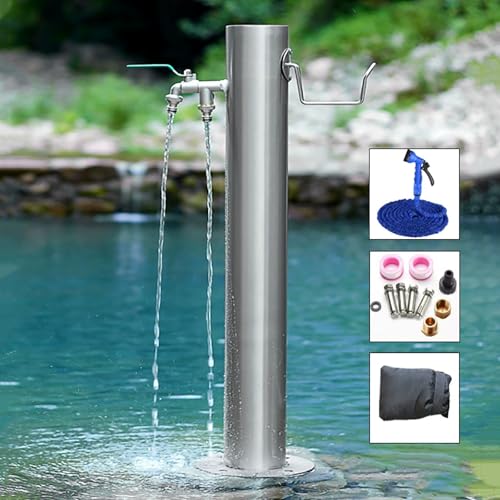 Garten Wassersäule mit Wasserhahn, Zylindrischer Vertikaler Freistehender Schlauchständer aus Edelstahl 304, Frostschutz Hydrant Wasserspielbrunnen für den Außenbereich, zum Waschen und Bewässern(86x2 von SBCWH