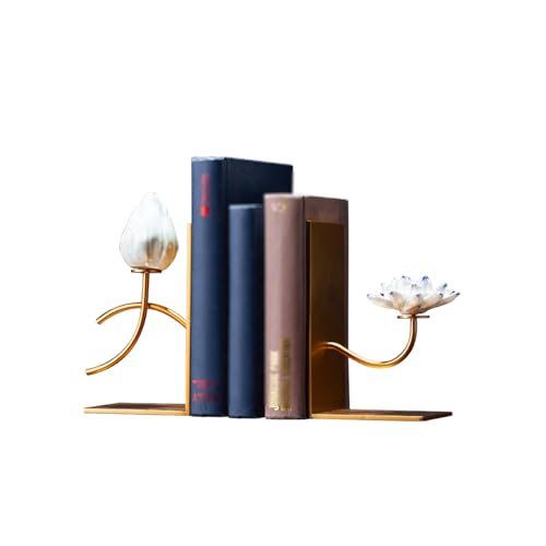 Buchstützen, Dekorative Buchstützen, Keramik, Lotus-Bücherregal-Dekor, L-förmige aus Metall im chinesischen Stil, robuste antike Buchstopper von SBJKLYRN