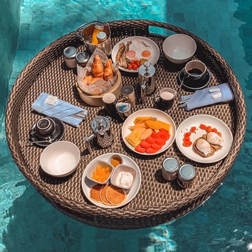 Palette， Runde Schwimmbecken-Schwimmtabletts, schwimmendes Tablett aus Rattan, Frühstückstablett auf dem Wasser, schwimmende Bar for den Pool(Beige) von SBJKLYRN