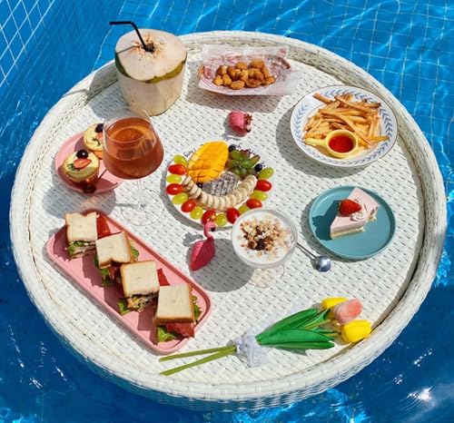 Palette， Runde Schwimmbecken-Schwimmtabletts, schwimmendes Tablett aus Rattan, Frühstückstablett auf dem Wasser, schwimmende Bar for den Pool(White) von SBJKLYRN