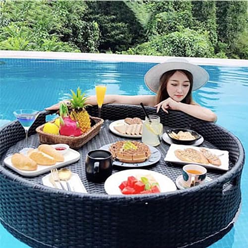 Palette， Rundes Serviertablett aus gewebtem Rattan, schwimmendes Frühstückstablett aus Rattan mit Griffen, Schwimmbecken-Schwimmtablett(Black,60 * 60 * 20cm) von SBJKLYRN