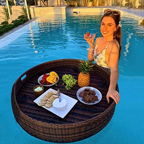 Palette， Schwimmendes Frühstückstablett aus Rattan, luxuriöses schwimmendes Serviertablett, Tisch und Schwimmbecken-Schwimmhilfen for Erwachsene for Sandbänke(Brown,80CM) von SBJKLYRN