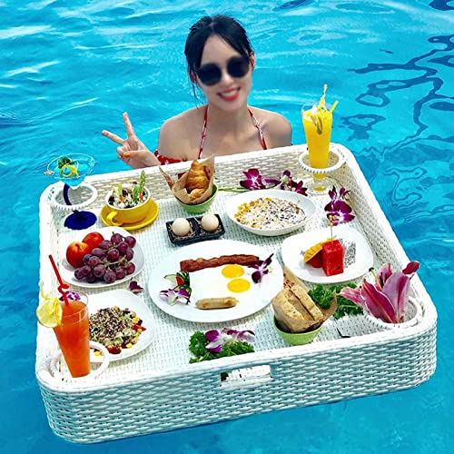 Palette， Schwimmendes Frühstückstablett aus Rattan, luxuriöses schwimmendes Serviertablett, Tisch und Schwimmbecken-Schwimmhilfen for Erwachsene for Sandbänke(White,80CM) von SBJKLYRN