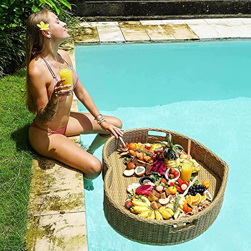 Palette， Schwimmendes Pooltablett, Rattan-Schwimmtablett, Tisch und Bar mit Griffen, herzförmiges Frühstückstablett auf dem Wasser(Yellow,63X60X15CM) von SBJKLYRN