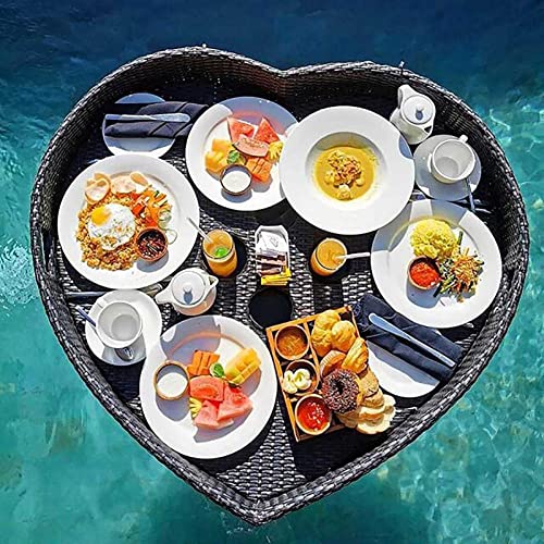 Palette， Schwimmendes Serviertablett aus Rattan mit Griffen, herzförmiges schwimmendes Essenstablett for den Pool, schwimmender Stehtisch for den Pool for die Sommerparty(Black,63X60X15CM) von SBJKLYRN