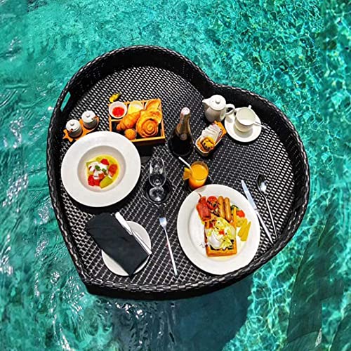 Palette， Schwimmendes Serviertablett aus Rattan mit Griffen, herzförmiges schwimmendes Essenstablett for den Pool, schwimmender Stehtisch for den Pool for die Sommerparty(Black,83X80X15CM) von SBJKLYRN