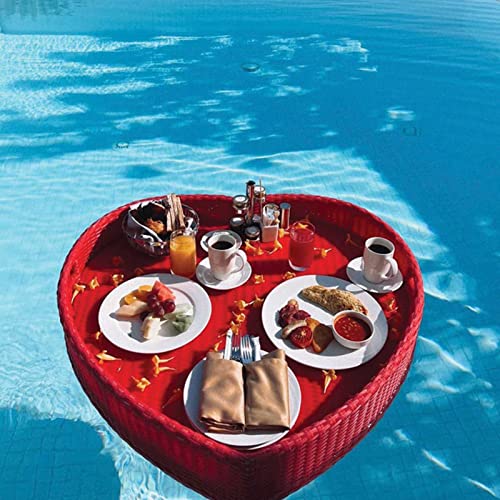 Palette， Schwimmendes Serviertablett aus Rattan mit Griffen, herzförmiges schwimmendes Essenstablett for den Pool, schwimmender Stehtisch for den Pool for die Sommerparty(Red,63X60X15CM) von SBJKLYRN