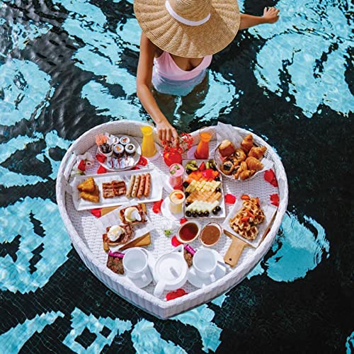 Palette， Schwimmendes Serviertablett aus Rattan mit Griffen, herzförmiges schwimmendes Essenstablett for den Pool, schwimmender Stehtisch for den Pool for die Sommerparty(White,63X60X15CM) von SBJKLYRN