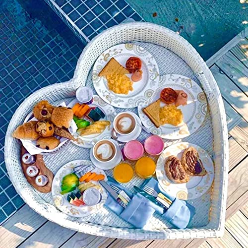 Palette， Schwimmendes Serviertablett aus Rattan mit Griffen, herzförmiges schwimmendes Essenstablett for den Pool, schwimmender Stehtisch for den Pool for die Sommerparty(White,83X80X15CM) von SBJKLYRN