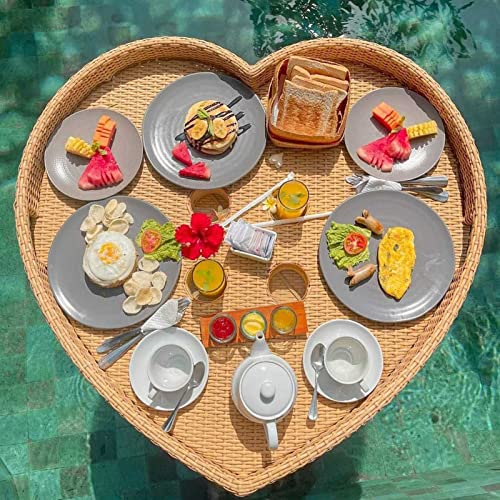 Palette， Schwimmendes Serviertablett aus Rattan mit Griffen, herzförmiges schwimmendes Essenstablett for den Pool, schwimmender Stehtisch for den Pool for die Sommerparty(Yellow,63X60X15CM) von SBJKLYRN
