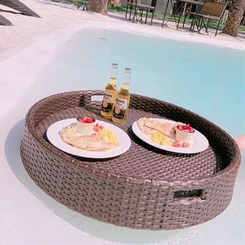 Palette， Schwimmendes Tablett for Pool, Rattan, schwimmender Getränke- und Snackhalter mit Griff, Aufbewahrungskorb(Brown) von SBJKLYRN